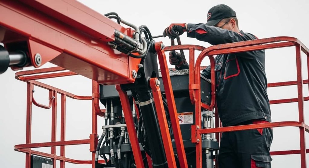 boom lift technician fixing the hydraulic system